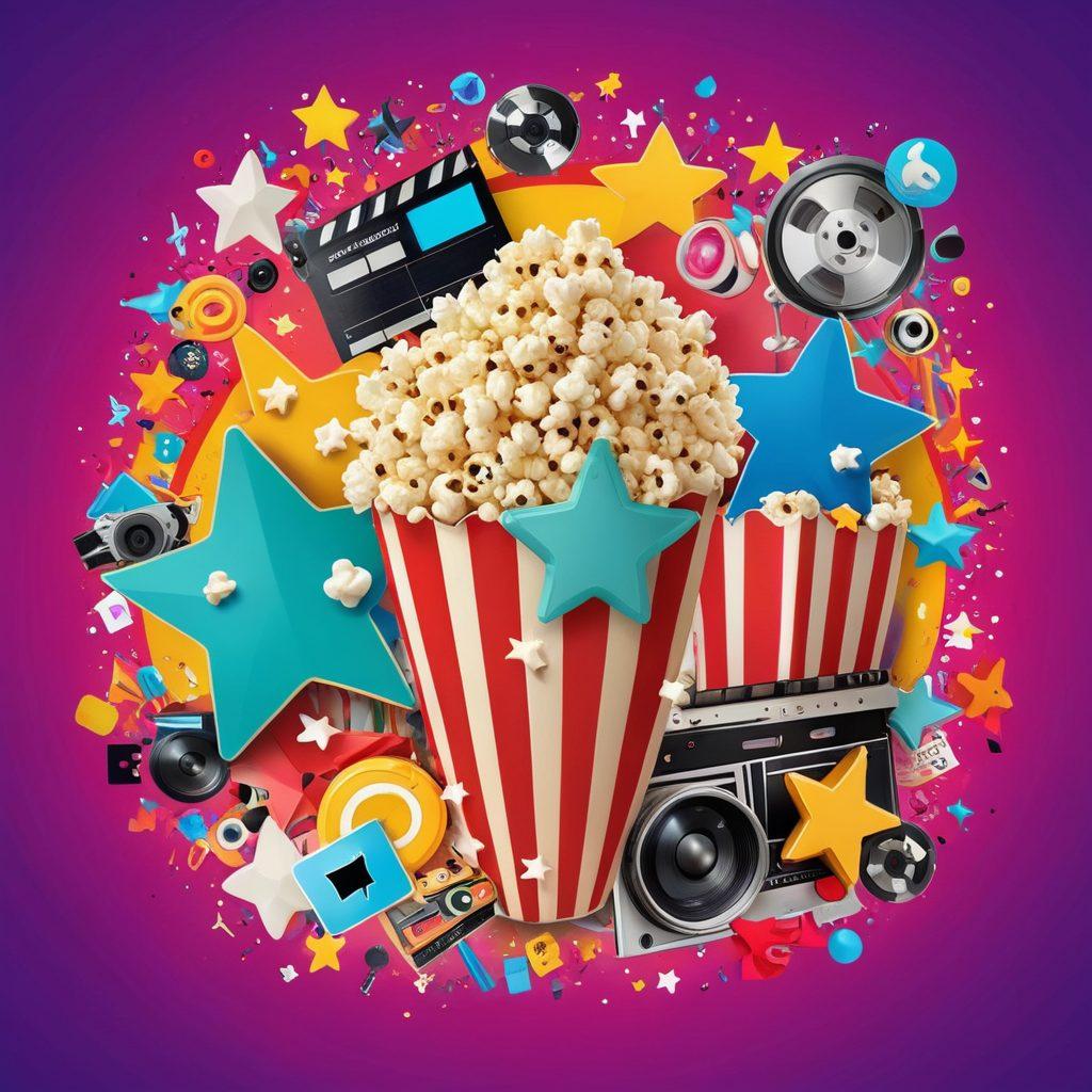 A dynamic collage showcasing vibrant video snippets and media highlights, featuring playful symbols like popcorn, film reels, and digital screens bursting with color. Include playful characters engaging in fun activities, surrounded by upbeat music notes and viral symbols like thumbs up and stars. The background should be a lively blend of colors suggesting excitement and creativity. Ideal for capturing the essence of overcoming boredom through engaging media. vibrant colors. vector art.