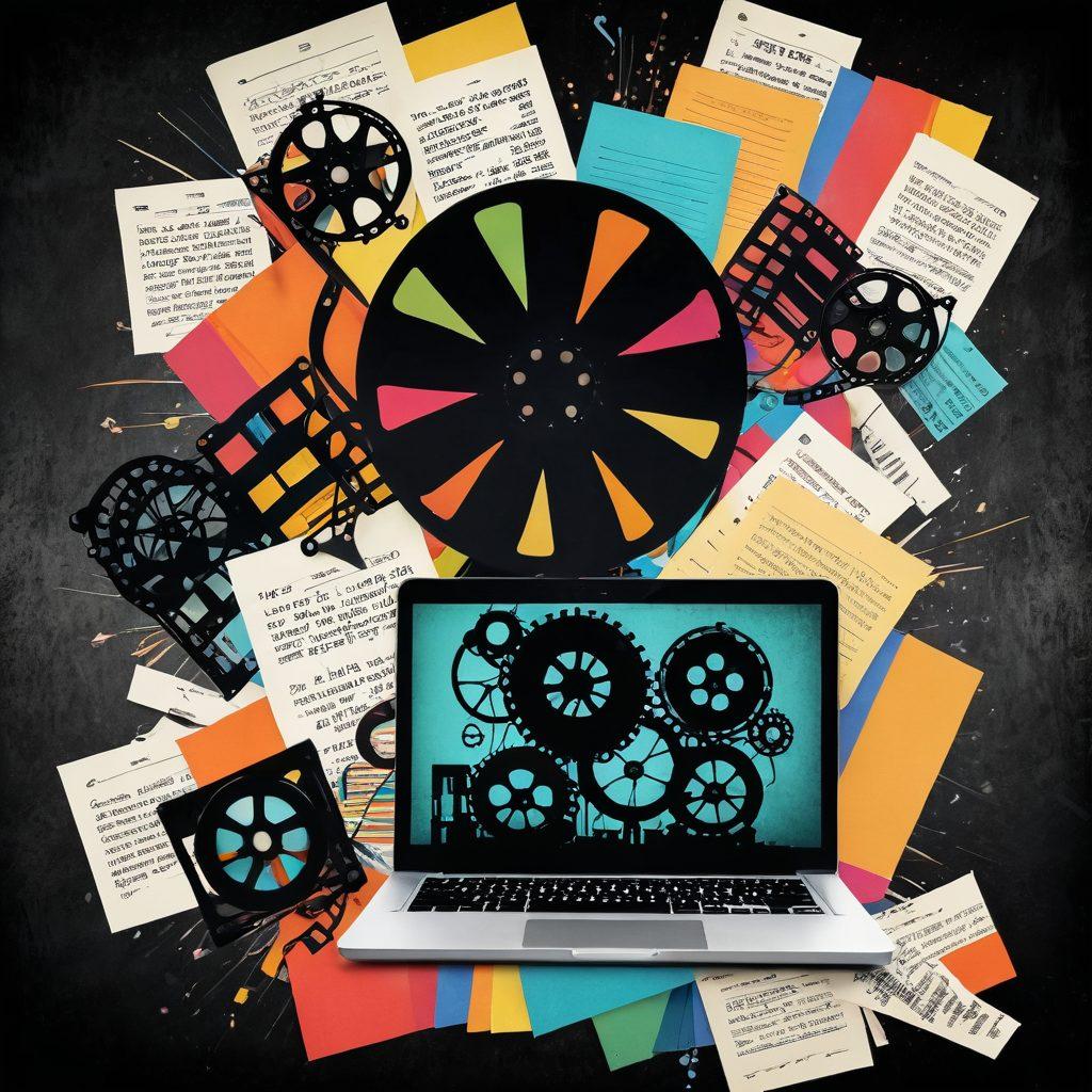 A dynamic collage of iconic film clips spiraling around a vintage film reel, showcasing vibrant scenes from various genres like action, drama, and comedy. Include a laptop with creative writing notes beside the reel, symbolizing content creation. The background should be filled with colorful filmstrip patterns and a hint of a modern workspace. super-realistic. vibrant colors. film noir style.